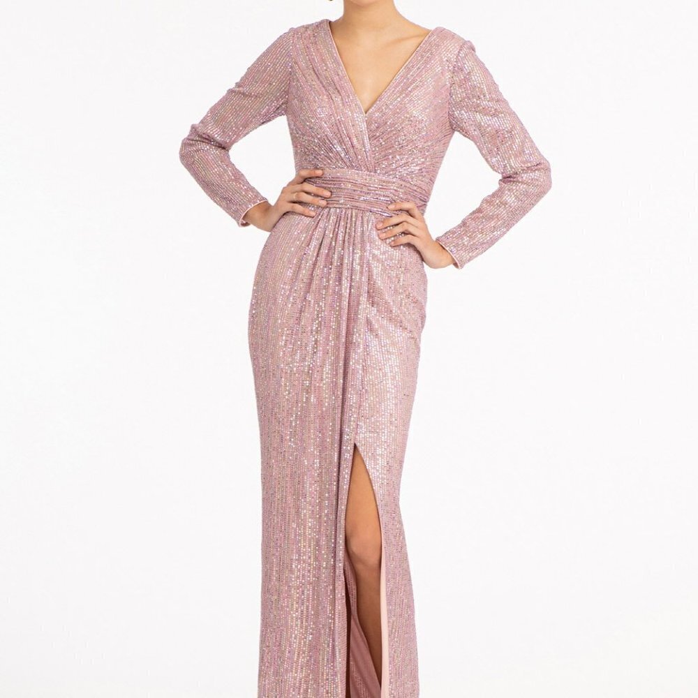 new MAUVE Gathered Waist Sequin Embellished Mermaid Dress w/ Long Sleeves GL3063